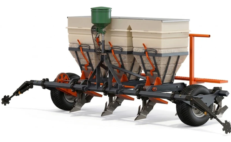 ADB-480 Fertilizer Applicator – 4-row tractor-mounted band spreader with 1400 kg total hopper for commercial potato and vegetable fertilization