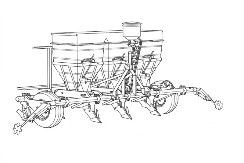ADB-380 banded fertilizer applicator detail – independent row hoppers, metering mechanism, and subsurface placement coulters for precision potato fertilization