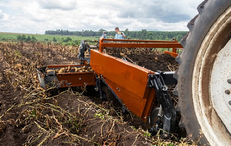 AWB Series Potato Digger in operation – 2-row digging and separation on a commercial potato field with clean tubers deposited in windrows