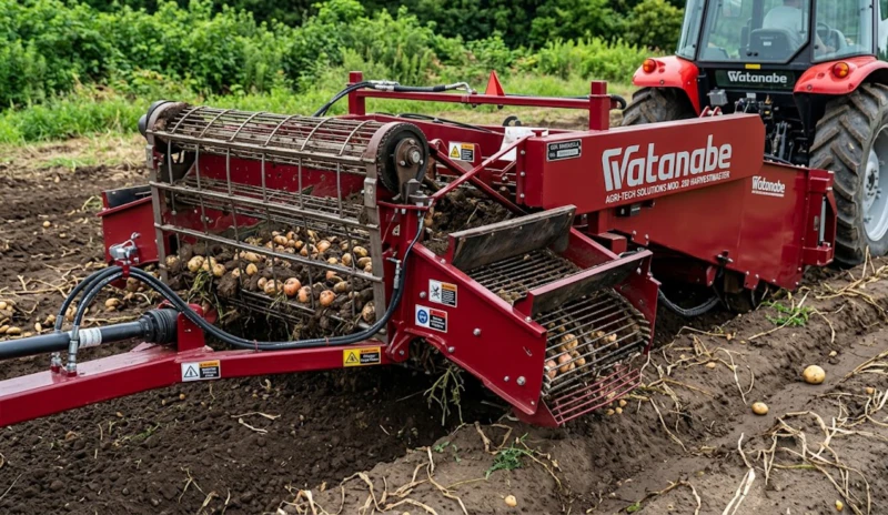 AWB Trailed Potato Digger in operation – high-speed 2-row digging on commercial potato field with clean tuber windrows