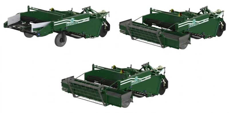 AWB Trailed Potato Digger detailed view – trailed chassis with wheels, extended sieve web, digging shares, and PTO driveline