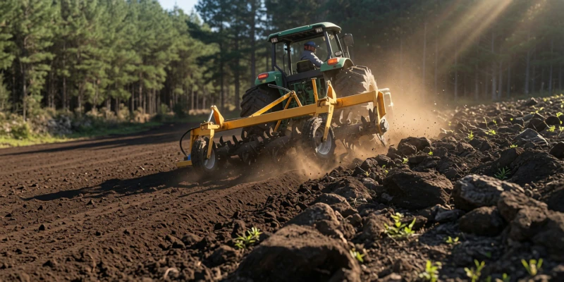Tractor stone crusher executing an agricultural road construction and pathway maintenance project