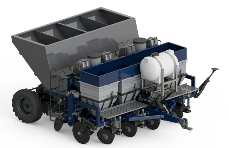 PAI-480-AR potato planter with dual fertilizer system – 2,000 kg primary hopper and 500 kg secondary hopper for two-band nutrient placement at planting