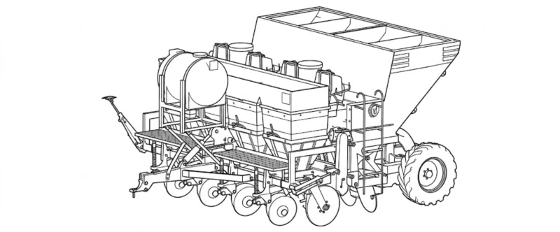 Potato planter insecticide tank and in-furrow nozzle system detail – precision liquid application at planting depth for soil pest protection