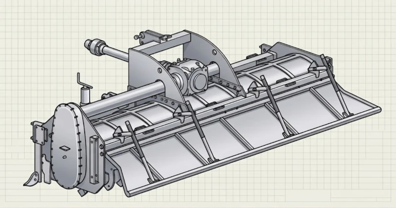 PSW-3200 Rotavator Structure: Rotor, Blades, Sorting Tines, Gearbox & Packer Roller PSW-3200 Rotavator internal structure – reverse-rotation rotor, hardened blades, sorting tines, PTO gearbox, and rear packer roller