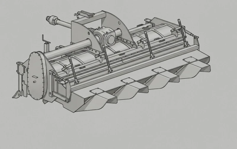 PSW-3200A Rotavator Structure: Extended Sorting Zone, Rotor, Blades & Packer Roller PSW-3200A Rotavator internal structure – extended sorting zone, reverse-rotation rotor, hardened blades, multi-stage sorting tines, and rear packer roller