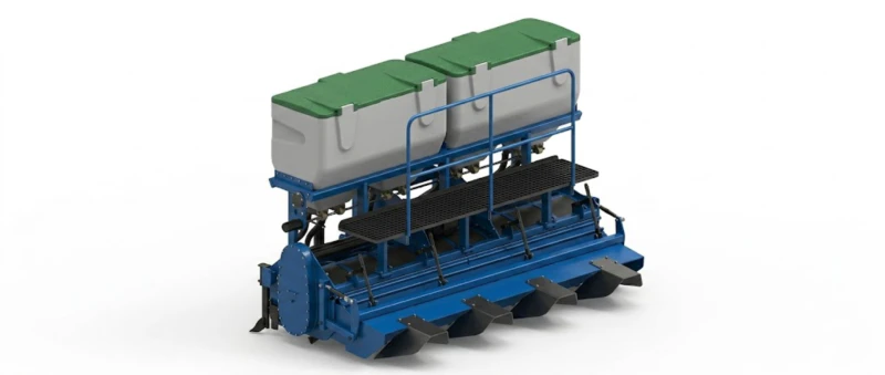 PSW-3200B Rotavator – 3.2 m stone burier and rotary tiller with integrated 2000 kg fertilizer bunker mounted on tractor