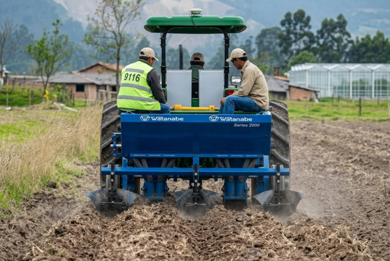 The Complete 75 HP Chain: Affordable Mechanization for Smallholder Potato Farms Complete 75 hp smallholder potato equipment chain – ERA cultivator, PAI planter, R-380 furrower, and AWB digger working on a small-scale farm
