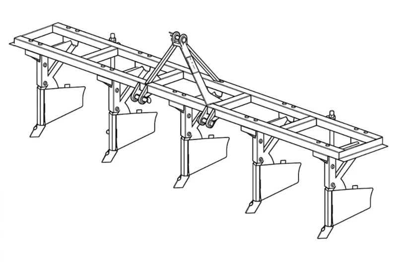 R-580 Potato Furrower Structure: 5 Ridging Bodies, Extended Toolbar & Share Points R-580 Potato Furrower structure – five ridging bodies with hardened share points, extended reinforced toolbar, adjustable clamp system, and Cat 2 hitch