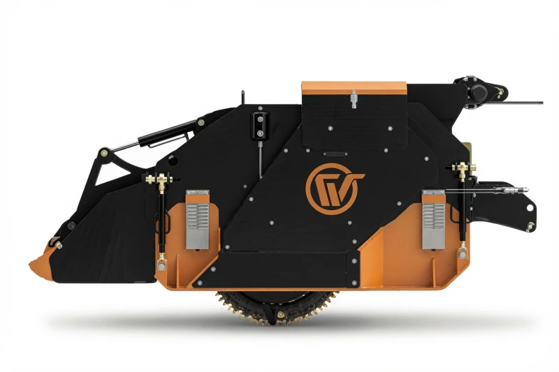 Side view mechanical profile of heavy duty tractor rock crusher implement showing rigid framework
