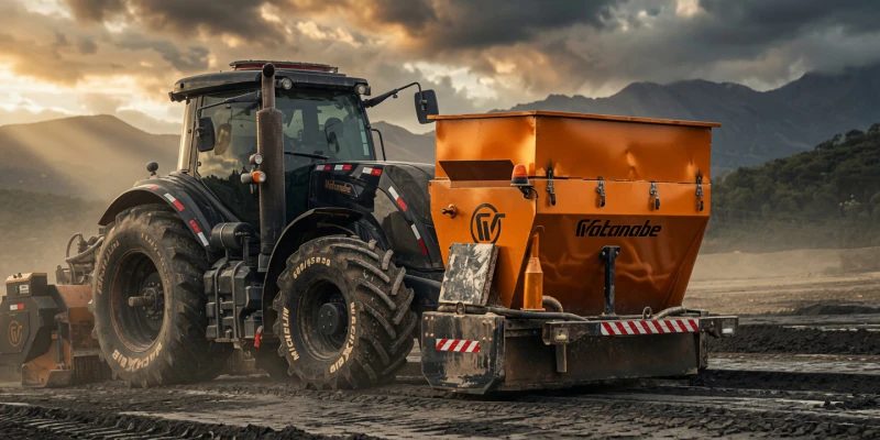 DCW 2.2 Binder Spreader mounted on tractor front linkage during road construction soil stabilization project with lime distribution
