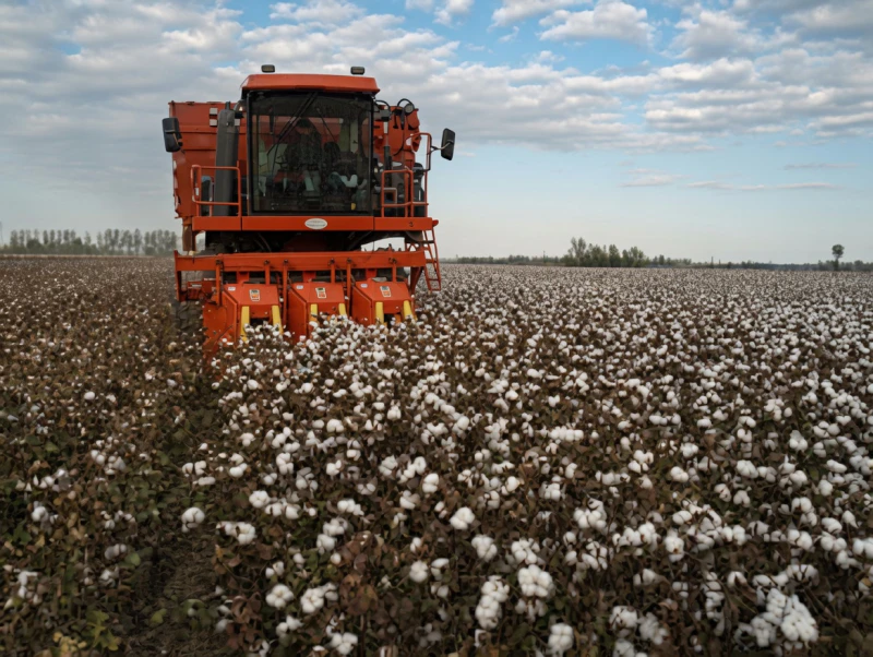 Large scale cotton harvest in deep pulverized field preconditioned by a heavy duty farm rock crushing machine